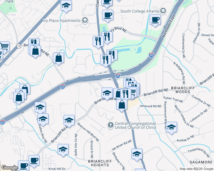 map of restaurants, bars, coffee shops, grocery stores, and more near 3046 Briarcliff Road Northeast in Atlanta