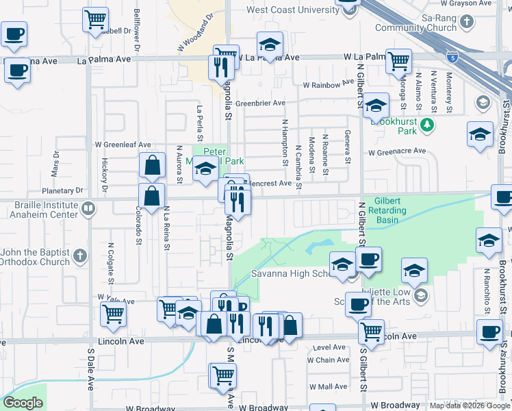 map of restaurants, bars, coffee shops, grocery stores, and more near 542 Hanover Street in Anaheim