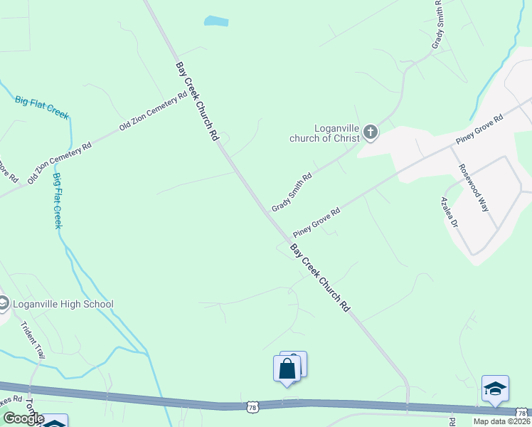 map of restaurants, bars, coffee shops, grocery stores, and more near 3500 Grady Smith Road in Loganville