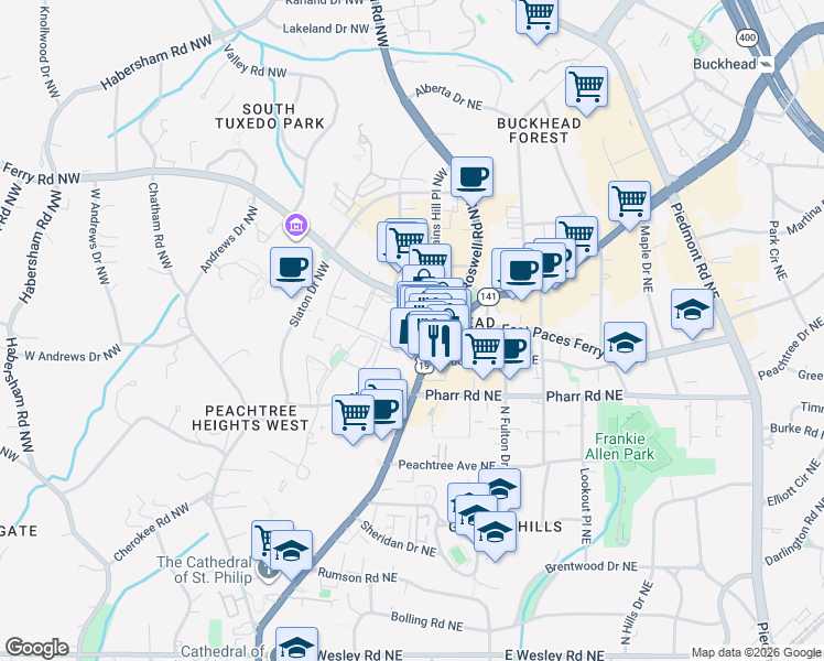 map of restaurants, bars, coffee shops, grocery stores, and more near 120 Buckhead Avenue Northeast in Atlanta