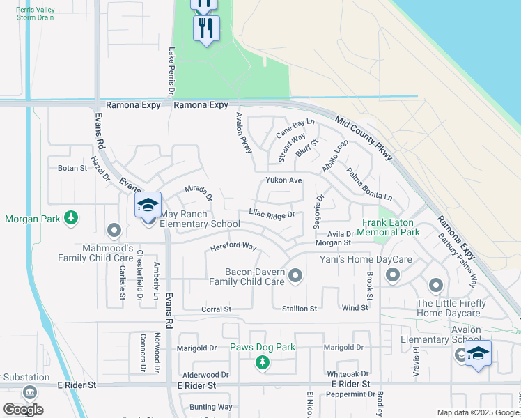 map of restaurants, bars, coffee shops, grocery stores, and more near 1240 Lilac Ridge Drive in Perris