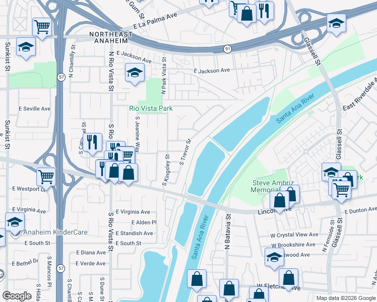 map of restaurants, bars, coffee shops, grocery stores, and more near 164 South Trevor Street in Anaheim