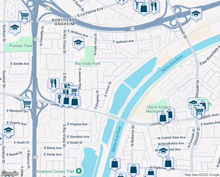 map of restaurants, bars, coffee shops, grocery stores, and more near 164 South Trevor Street in Anaheim