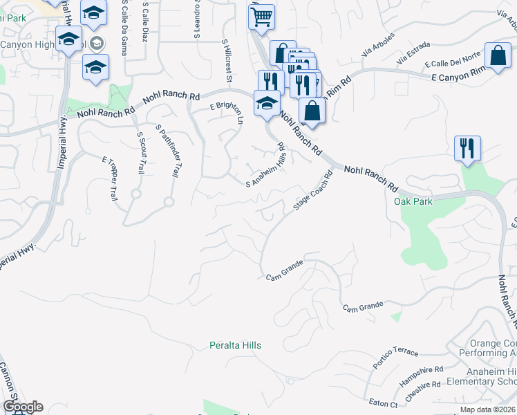 map of restaurants, bars, coffee shops, grocery stores, and more near 6011 East Montefino Lane in Anaheim