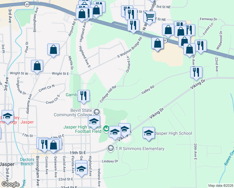 map of restaurants, bars, coffee shops, grocery stores, and more near 1201 Valley Road in Jasper