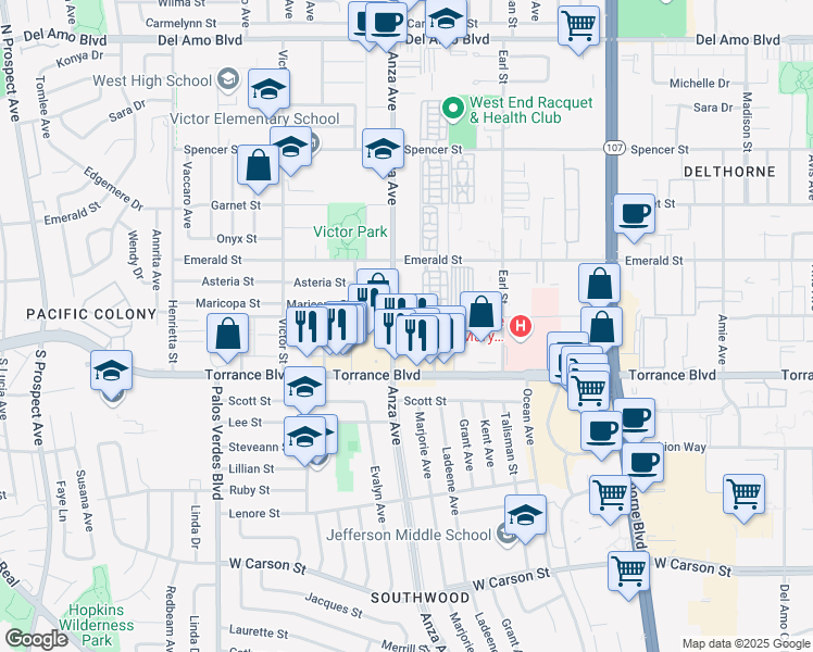 map of restaurants, bars, coffee shops, grocery stores, and more near 21010 Anza Avenue in Torrance