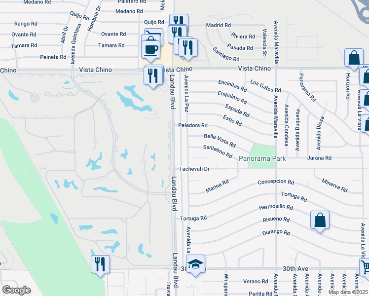 map of restaurants, bars, coffee shops, grocery stores, and more near 28725 Avenida La Paz in Cathedral City