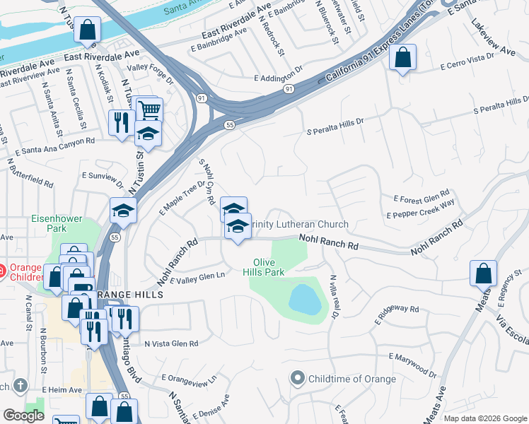map of restaurants, bars, coffee shops, grocery stores, and more near 4263 East Ranch Gate Road in Anaheim