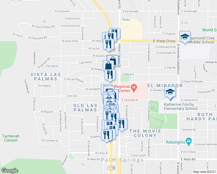 map of restaurants, bars, coffee shops, grocery stores, and more near 1133 North Palm Canyon Drive in Palm Springs