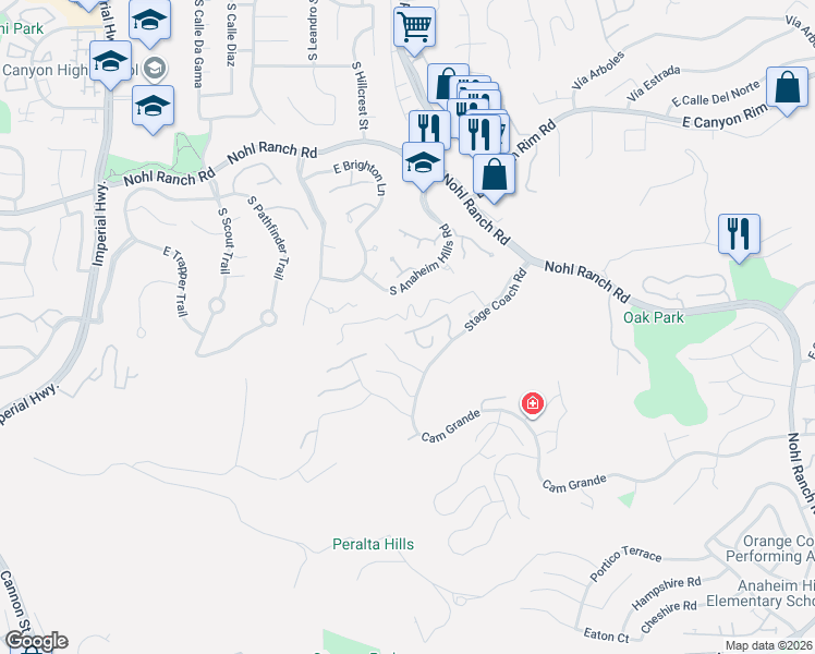 map of restaurants, bars, coffee shops, grocery stores, and more near 6051 East Ladera Lane in Anaheim