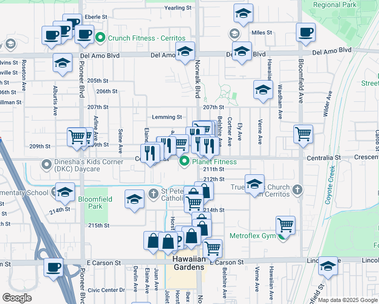 map of restaurants, bars, coffee shops, grocery stores, and more near in Hawaiian Gardens
