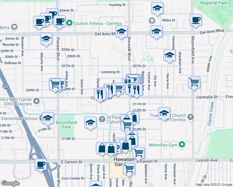 map of restaurants, bars, coffee shops, grocery stores, and more near 12102 Centralia Street in Hawaiian Gardens