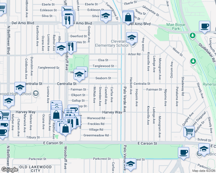 map of restaurants, bars, coffee shops, grocery stores, and more near 4454 Canehill Avenue in Lakewood