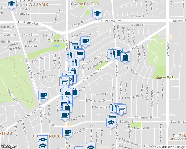 map of restaurants, bars, coffee shops, grocery stores, and more near 1031 East Claiborne Drive in Long Beach