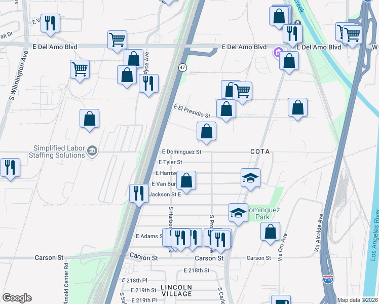 map of restaurants, bars, coffee shops, grocery stores, and more near 2707 East Tyler Street in Carson