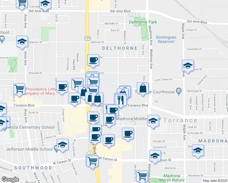 map of restaurants, bars, coffee shops, grocery stores, and more near 21107 Amie Avenue in Torrance