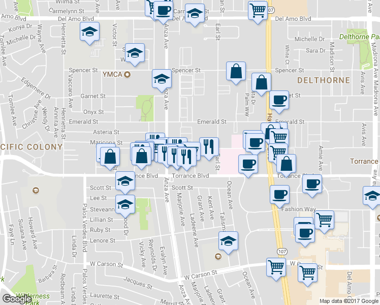 map of restaurants, bars, coffee shops, grocery stores, and more near 21104 Ladeene Avenue in Torrance