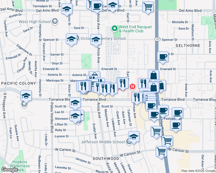 map of restaurants, bars, coffee shops, grocery stores, and more near 21104 Ladeene Avenue in Torrance