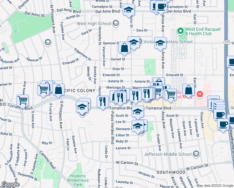 map of restaurants, bars, coffee shops, grocery stores, and more near 21104 Wood Avenue in Torrance