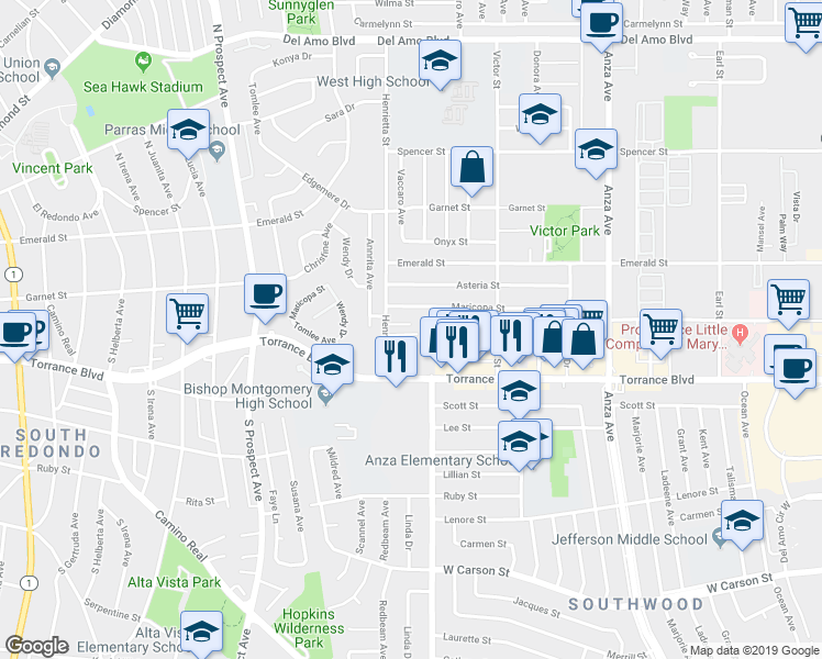 map of restaurants, bars, coffee shops, grocery stores, and more near 5215 Torrance Boulevard in Torrance
