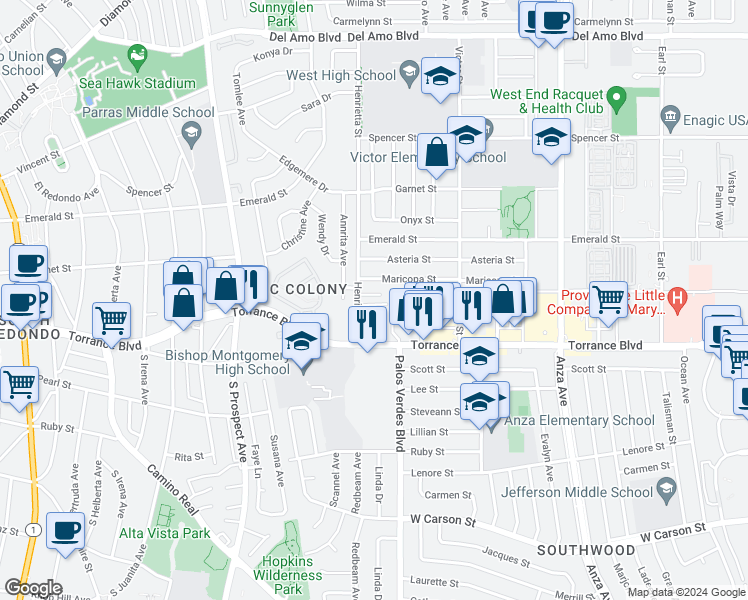 map of restaurants, bars, coffee shops, grocery stores, and more near 5326 Lorna Street in Torrance