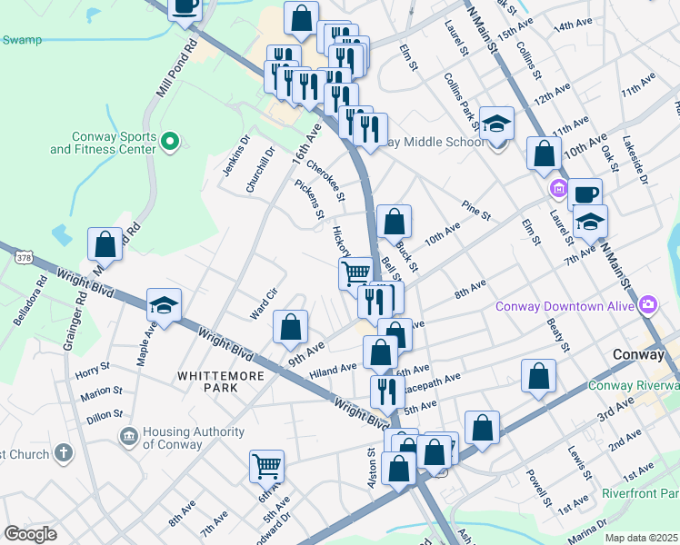 map of restaurants, bars, coffee shops, grocery stores, and more near 911 Hickory Circle in Conway