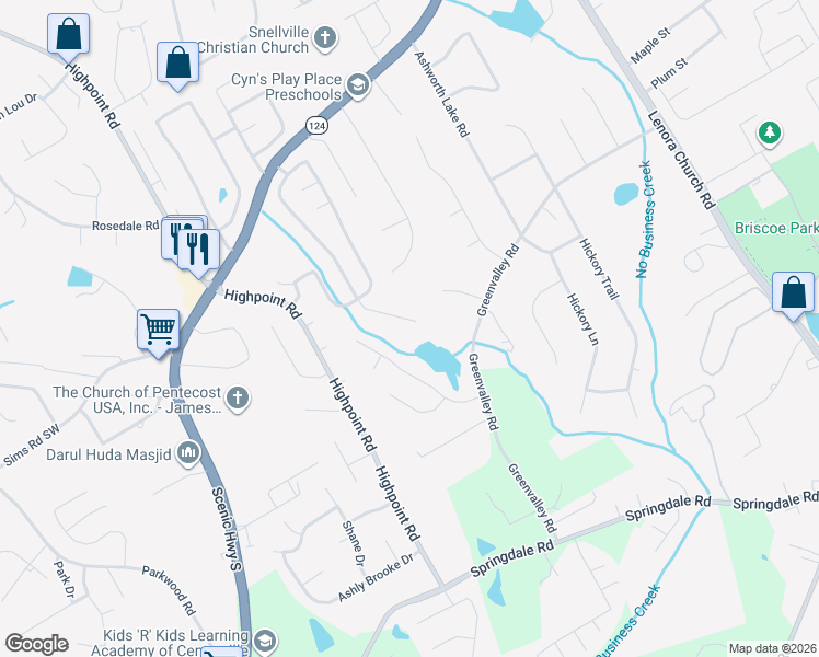 map of restaurants, bars, coffee shops, grocery stores, and more near 3493 Newtons Crest Circle in Snellville