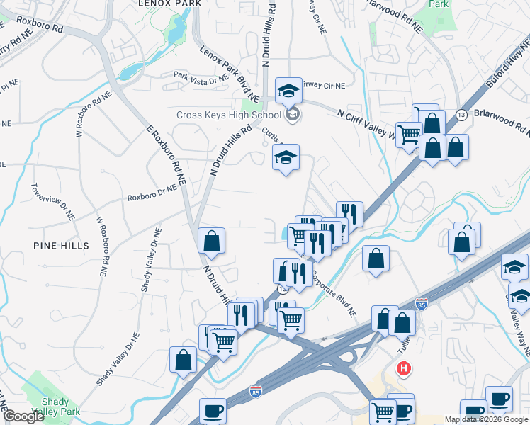 map of restaurants, bars, coffee shops, grocery stores, and more near 1370 Keys Lake Drive Northeast in Atlanta