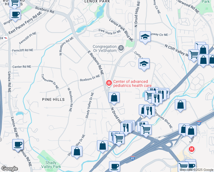 map of restaurants, bars, coffee shops, grocery stores, and more near 1908 South Roxboro Road Northeast in Atlanta