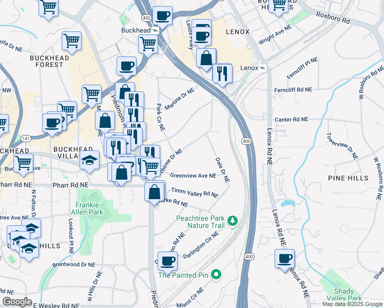 map of restaurants, bars, coffee shops, grocery stores, and more near 3107 Peachtree Road Northeast in Atlanta