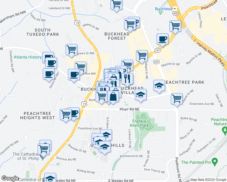 map of restaurants, bars, coffee shops, grocery stores, and more near 325 East Paces Ferry Road Northeast in Atlanta
