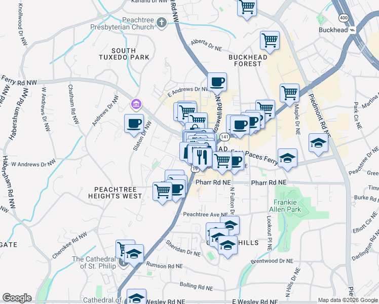 map of restaurants, bars, coffee shops, grocery stores, and more near 120 Buckhead Avenue Northeast in Atlanta