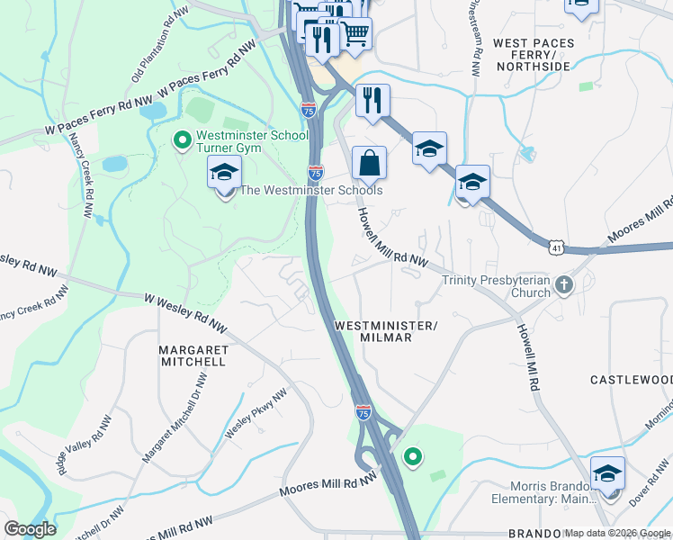 map of restaurants, bars, coffee shops, grocery stores, and more near 3085 Margaret Mitchell Drive Northwest in Atlanta