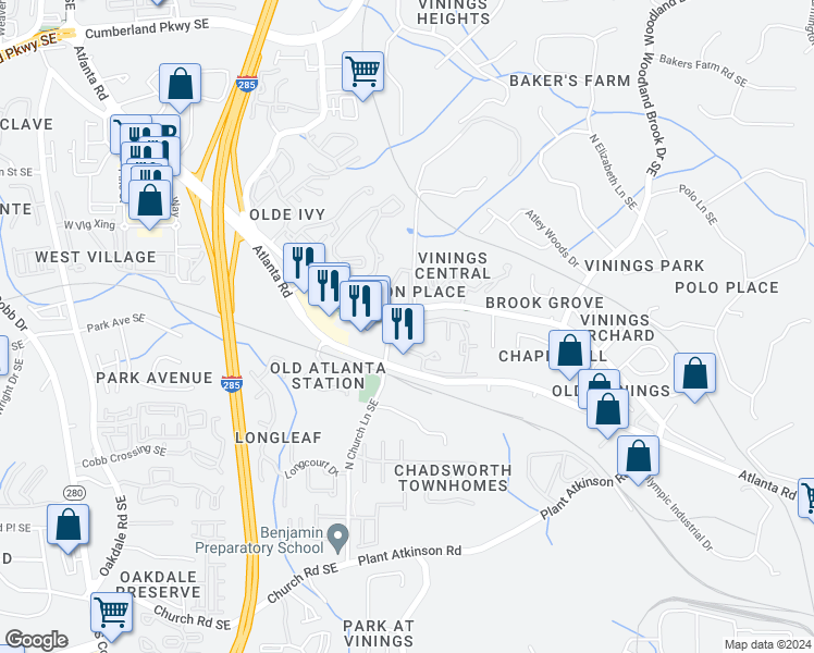 map of restaurants, bars, coffee shops, grocery stores, and more near 4705 North Church Lane Southeast in Smyrna