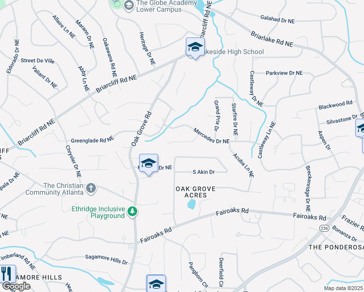 map of restaurants, bars, coffee shops, grocery stores, and more near 1907 Mercedes Court Northeast in Atlanta