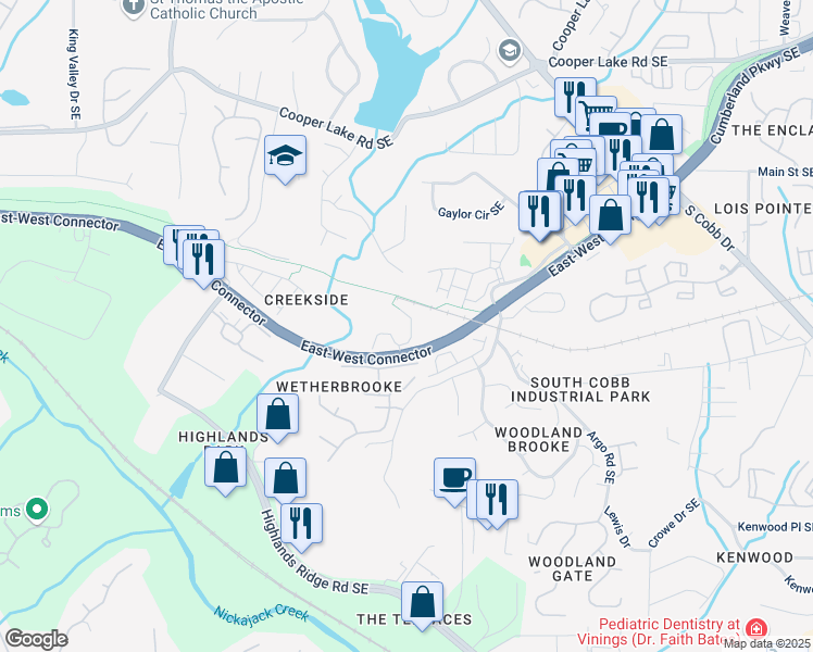 map of restaurants, bars, coffee shops, grocery stores, and more near 4664 Creekside Villas Way in Smyrna