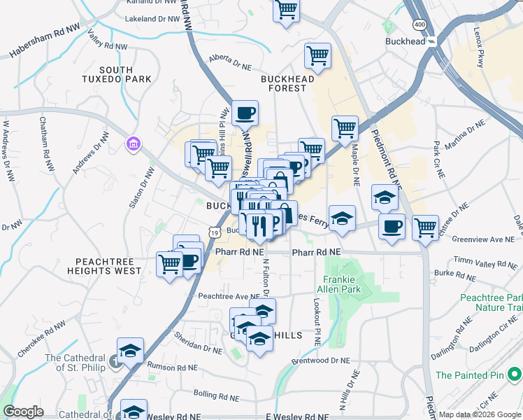 map of restaurants, bars, coffee shops, grocery stores, and more near 306 Buckhead Avenue Northeast in Atlanta