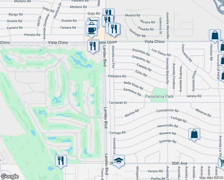map of restaurants, bars, coffee shops, grocery stores, and more near 28725 Avenida La Paz in Cathedral City