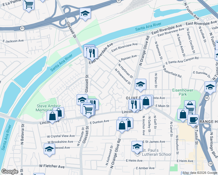map of restaurants, bars, coffee shops, grocery stores, and more near 441 East Riverboat Way in Orange