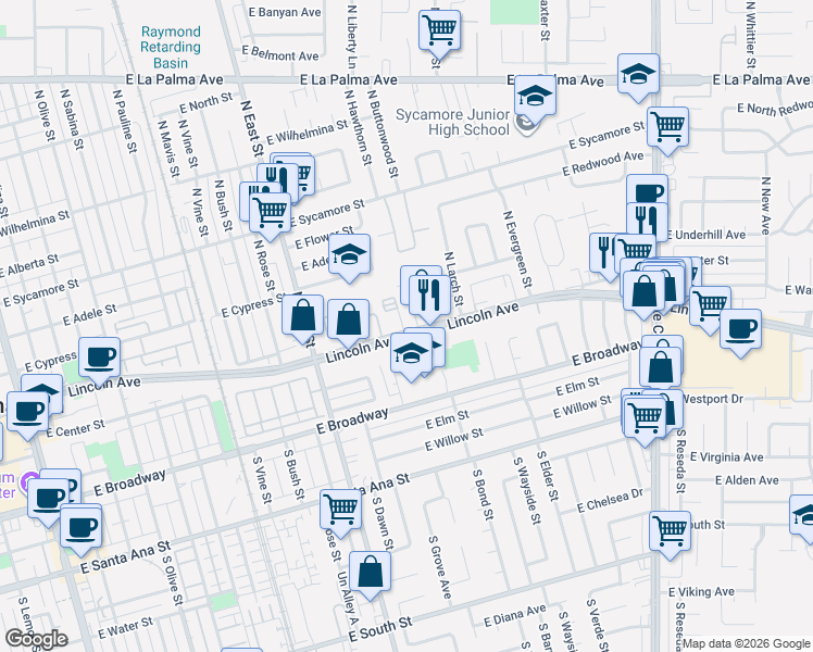 map of restaurants, bars, coffee shops, grocery stores, and more near 1425 East Lincoln Avenue in Anaheim