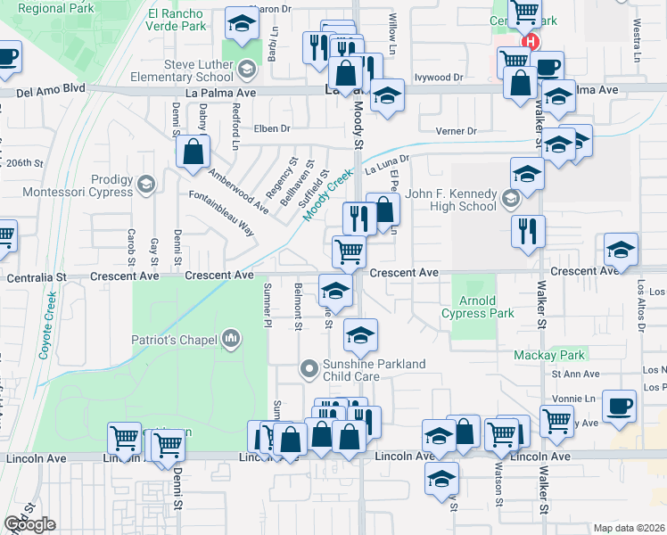 map of restaurants, bars, coffee shops, grocery stores, and more near 8542 La Salle Street in Cypress