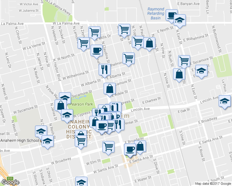 map of restaurants, bars, coffee shops, grocery stores, and more near 201 East Adele Street in Anaheim