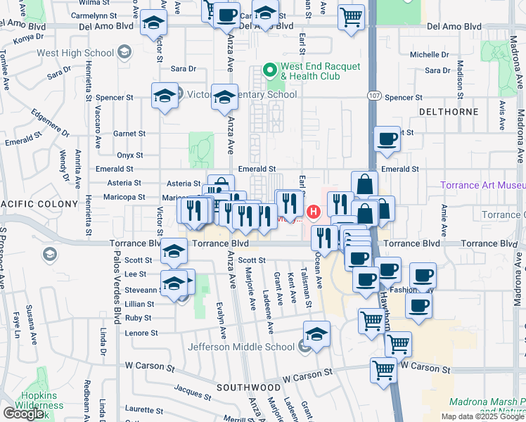 map of restaurants, bars, coffee shops, grocery stores, and more near 21104 Ladeene Avenue in Torrance