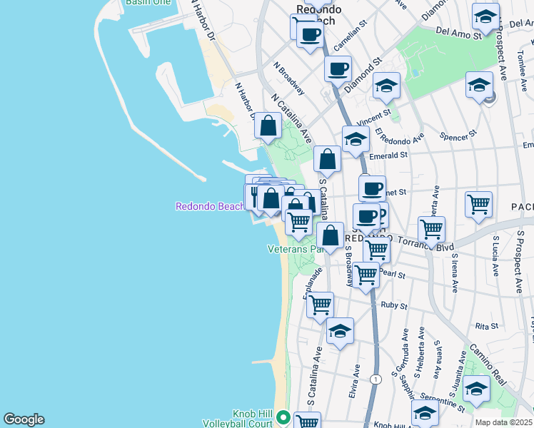 map of restaurants, bars, coffee shops, grocery stores, and more near 210 Fishermans Wharf in Redondo Beach