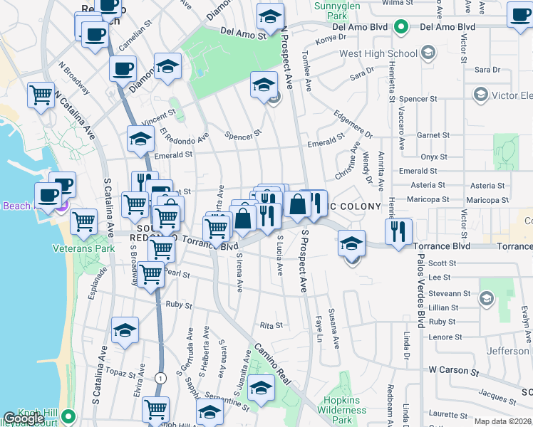 map of restaurants, bars, coffee shops, grocery stores, and more near 222 South Juanita Avenue in Redondo Beach
