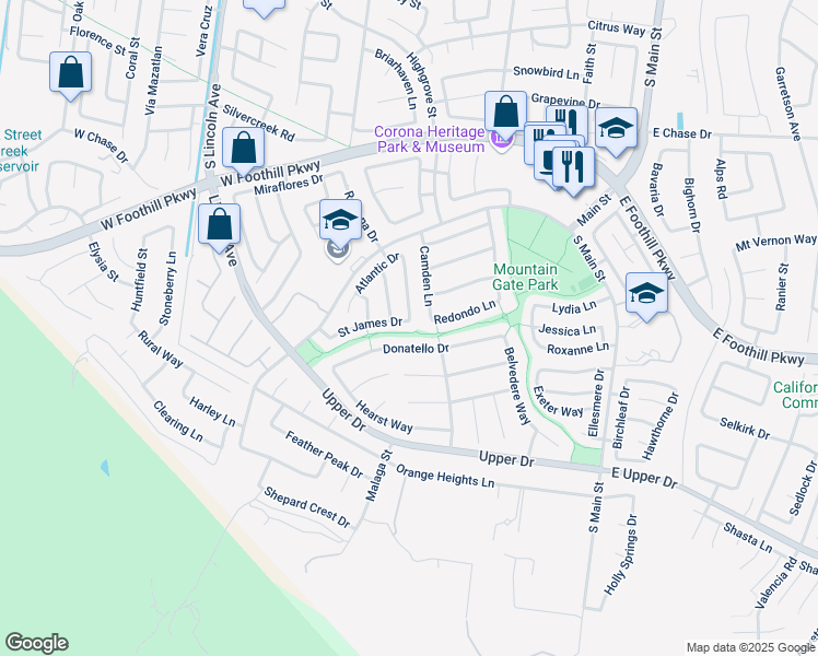 map of restaurants, bars, coffee shops, grocery stores, and more near 762 Saint James Drive in Corona