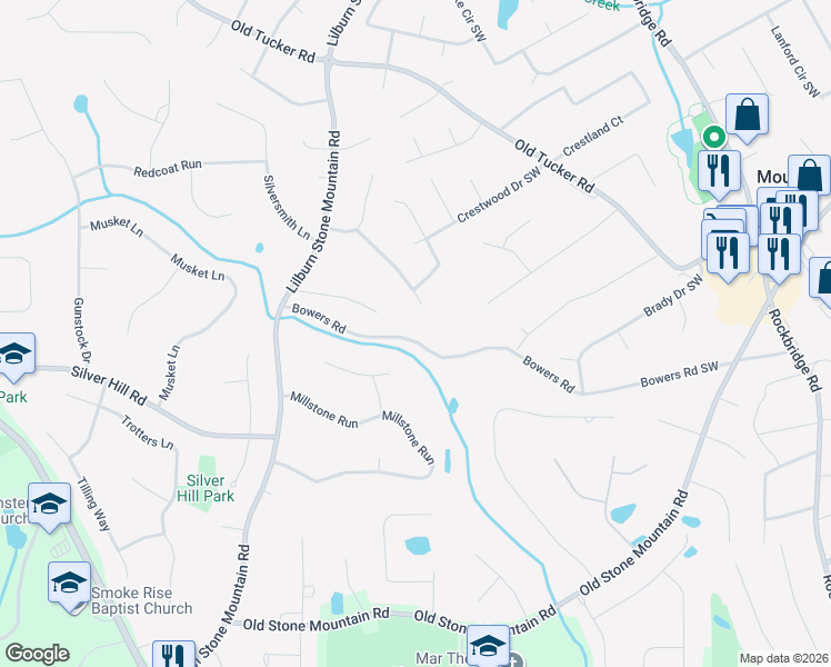 map of restaurants, bars, coffee shops, grocery stores, and more near 5965 Bowers Road in Stone Mountain