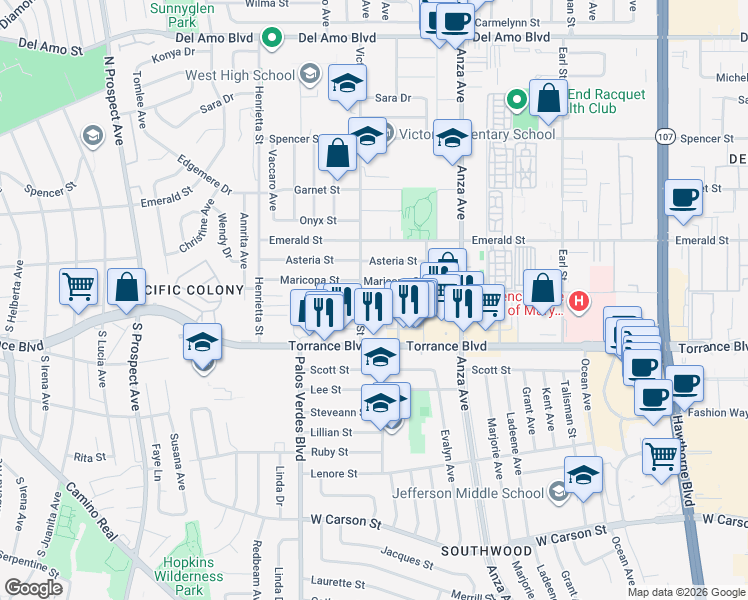 map of restaurants, bars, coffee shops, grocery stores, and more near 21008 Victor Street in Torrance
