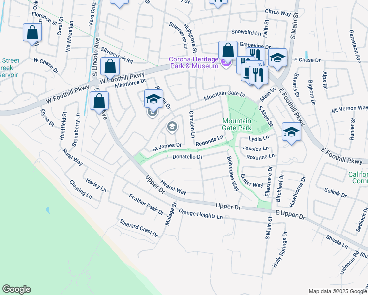 map of restaurants, bars, coffee shops, grocery stores, and more near 762 Saint James Drive in Corona