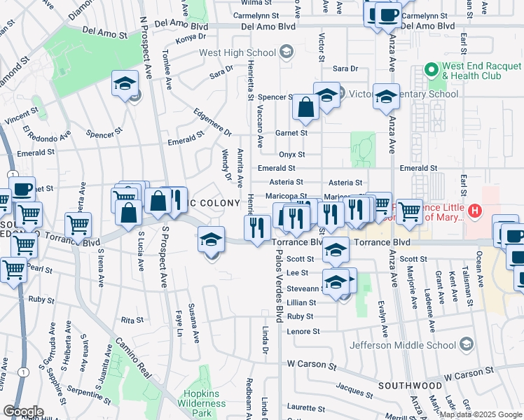 map of restaurants, bars, coffee shops, grocery stores, and more near 5326 Lorna Street in Torrance